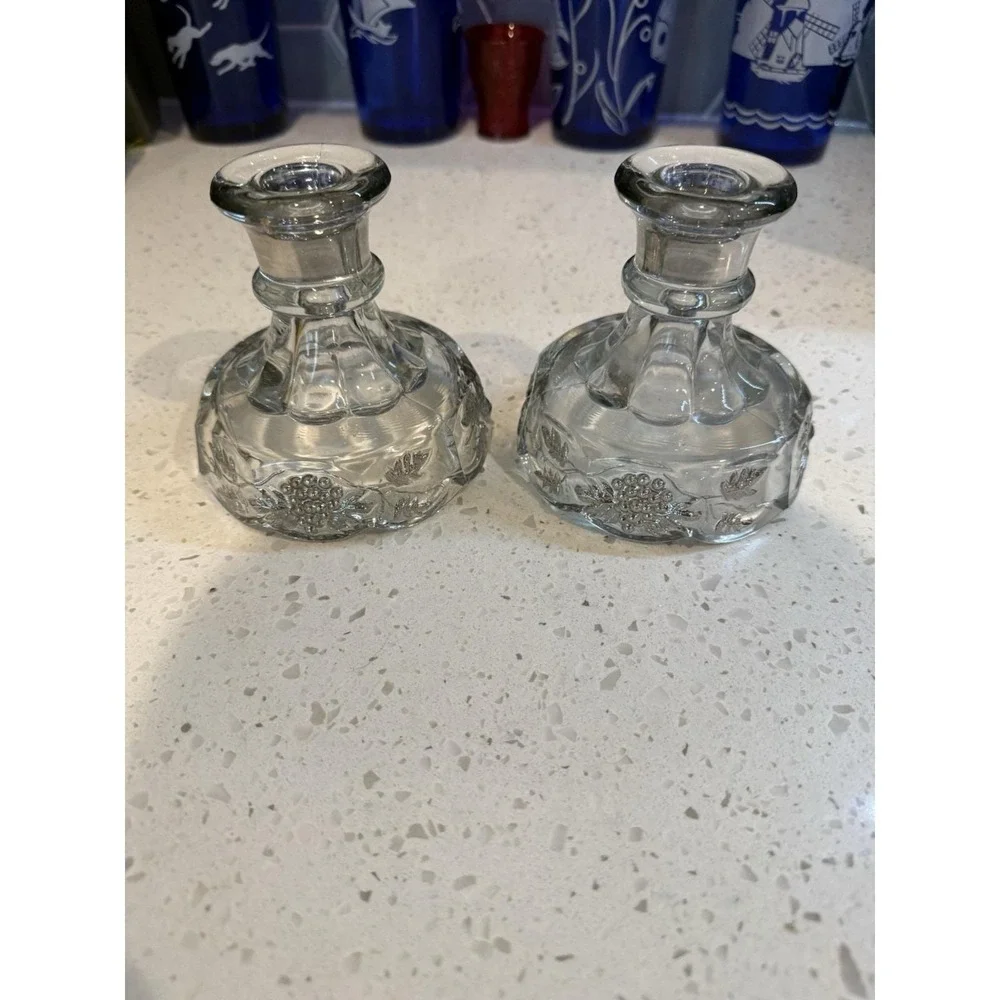 Westmoreland Paneled Grape Clear Silver Overlay Candle Stick Holder Mid Century
